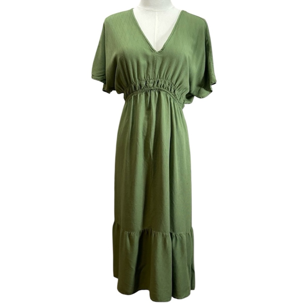 Hering Green Smocked V Neck Maxi Dress Size Medium Short Sleeve Prairie Cottage